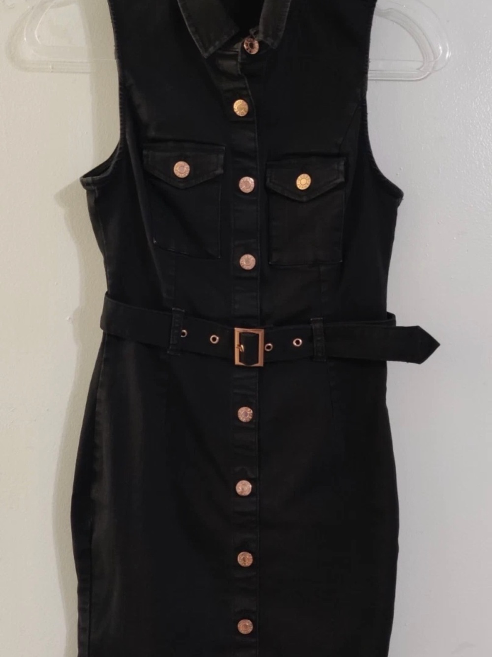 Guess Sleeveless Black Button-Front Belted Mini Denim Dress XS